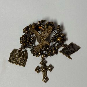Vintage Style Gold Brooch with Eagle and Charms